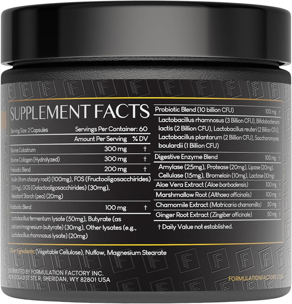 Formulation Factory Gut Intellect capsules on slate offer easy daily intake for digestion support.