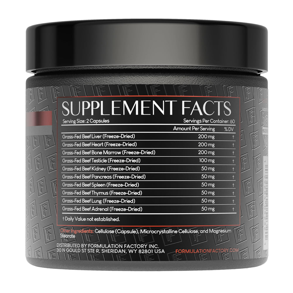 Formulation Factory Primal Power bottle label closeup showing grass-fed organ ingredients.