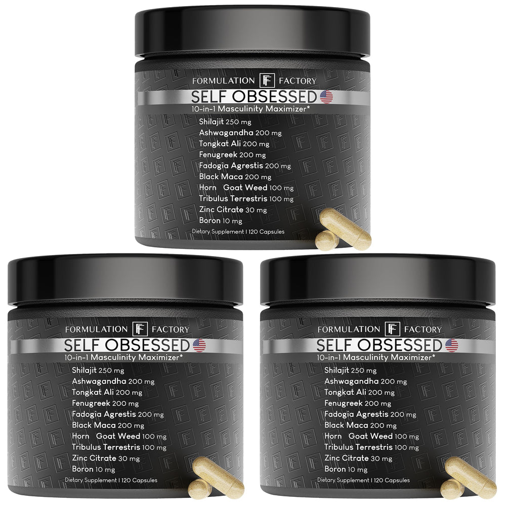 Formulation Factory Self Obsessed bottle front shows a 360-capsule supply for sustained vitality.