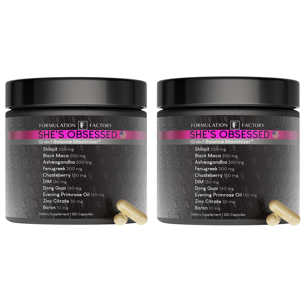 Formulation Factory She's Obsessed bottle pour showing easy daily dosing for balance