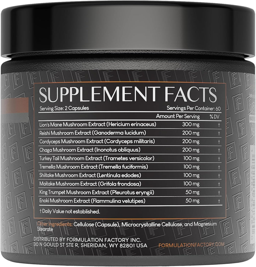 Formulation Factory Shroom Vroom bottle back with clear supplement facts.