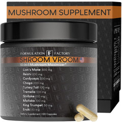 Formulation Factory Shroom Vroom bottle front supports daily focus.