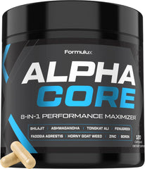 Formulux Alpha Core bottle front showing the 8-in-1 vitality formula for daily energy