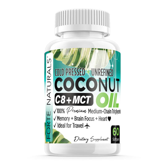 FORTE NATURALS Coconut Oil Softgels bottle closeup for gut health support