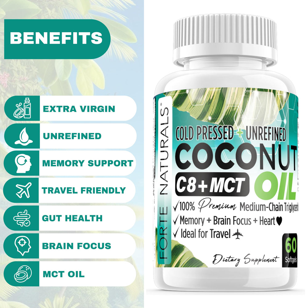 FORTE NATURALS Coconut Oil Softgels in hand convey convenient daily nutrition