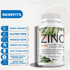 FORTE NATURALS zinc 50mg packaging box highlights vegan, non-GMO features.