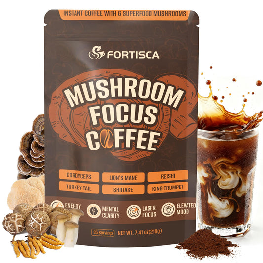 FORTISCA Mushroom Coffee with Cordyceps in a steaming cup for steady energy