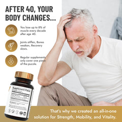 Forty-plus Muscle Bone Joint Advanced Support capsules closeup for easy daily dosing.