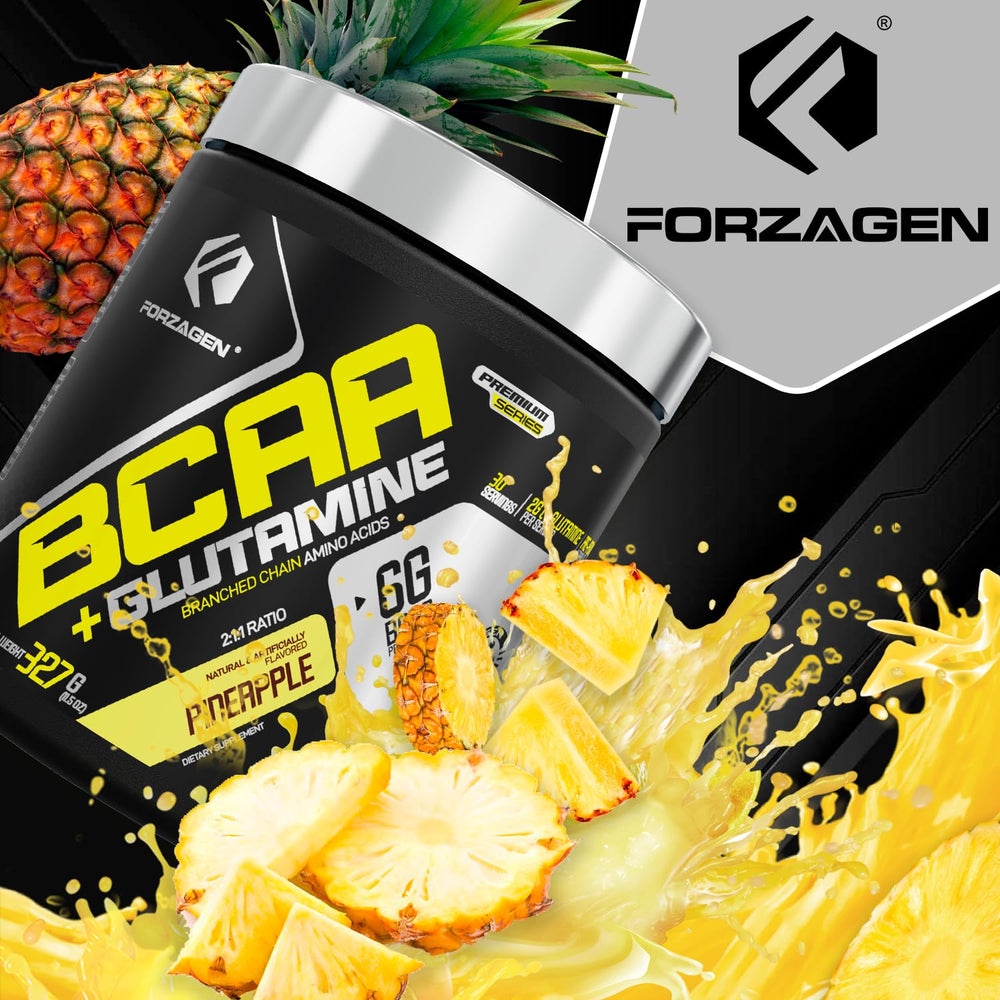 Forzagen BCAAs powder alongside a glass of water, highlighting easy absorption.