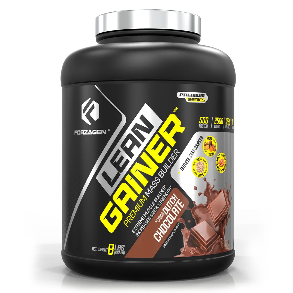Forzagen Lean Gainer Dutch Chocolate bottle highlighting high-calorie protein option for bulk
