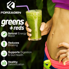 Forzagen ingredients shot highlights diverse greens and fruit blends for nutrient variety.