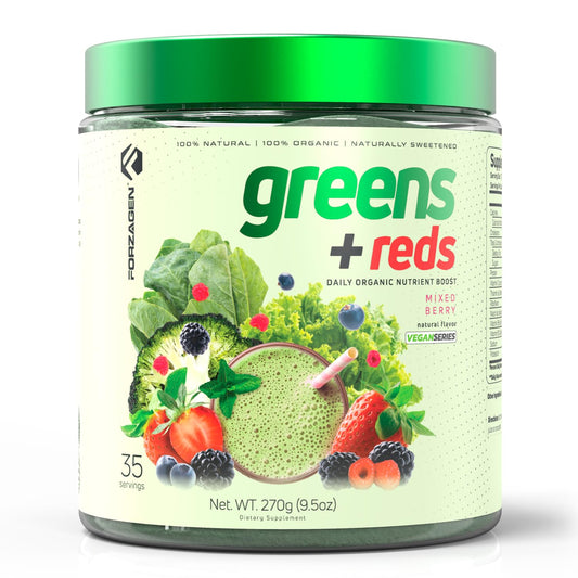 Forzagen Vegan Greens & Reds powder tub shows an organic blend for daily nutrition and energy.