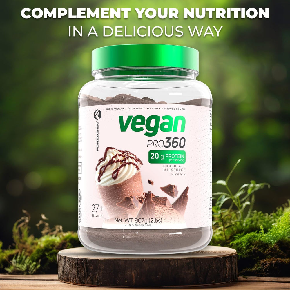 Forzagen Vegan Protein 360 mixed glass reveals creamy chocolate shake texture.