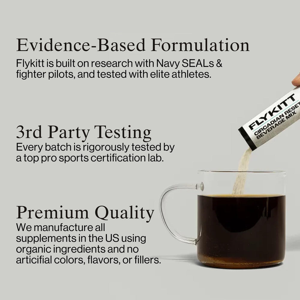 Fount Flykitt dietary supplements close-up highlighting tailored dosing for jet travel