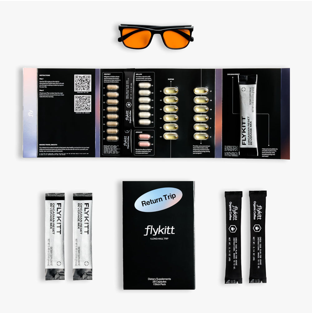 Fount Flykitt jetlag kit front view with complete travel essentials to boost energy