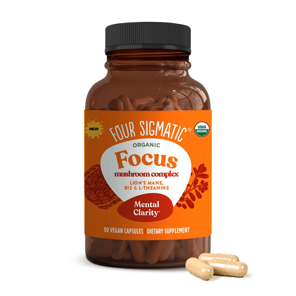 Four Sigmatic Focus Capsules bottle highlights the vegan brain-boosting blend for steady daytime energy.