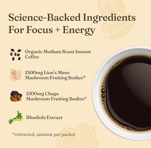 Four Sigmatic mushroom coffee pack ingredients laid out for vegan and Paleo diets.