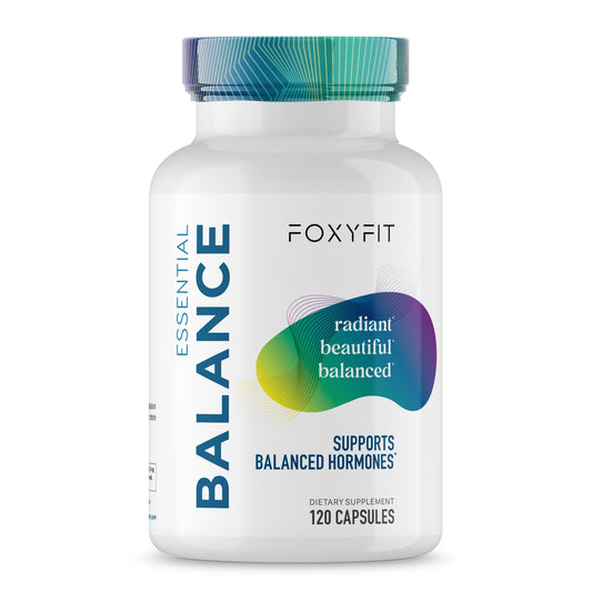 FoxyFit Essential Balance bottle on a clean countertop for daily hormonal balance support.