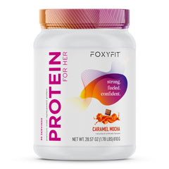 FoxyFit Protein for Her caramel mocha bottle highlighting energy support for workouts