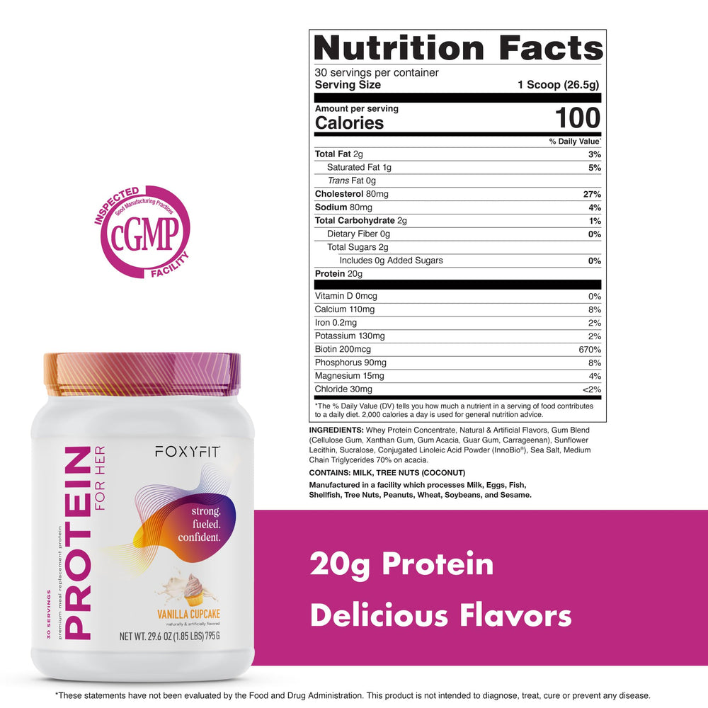 FoxyFit Protein for Her Vanilla Cupcake powder angle highlighting smooth texture