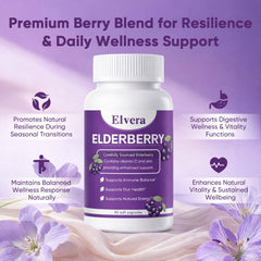 Elvera label highlights organic elderberry extract for natural immune support.
