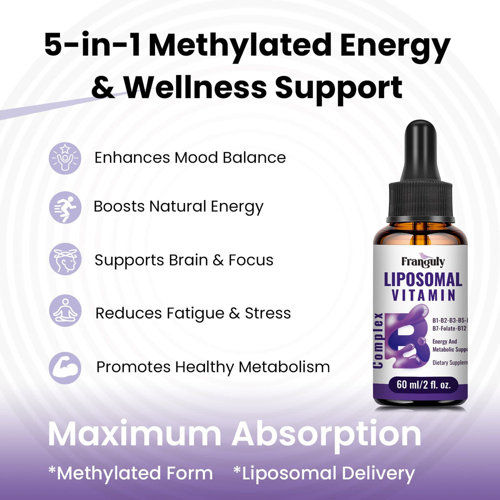 Franguly Liposomal B Complex liquid ingredient list, includes methylated B12 and B9 Folate.
