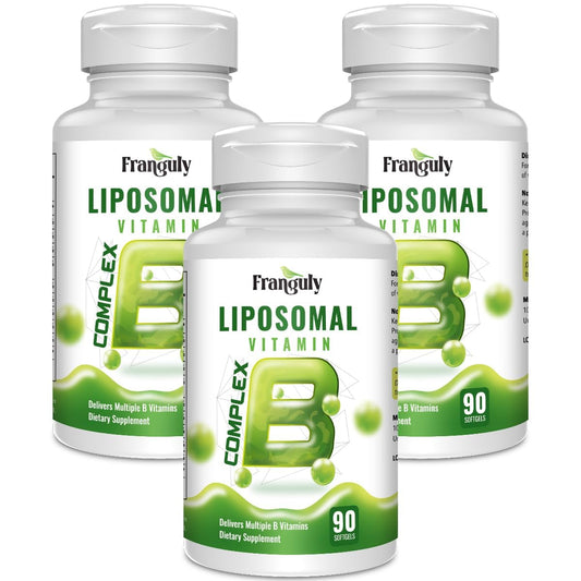 Franguly Liposomal B Complex bottle highlighting high-absorption vitamins for energy support.