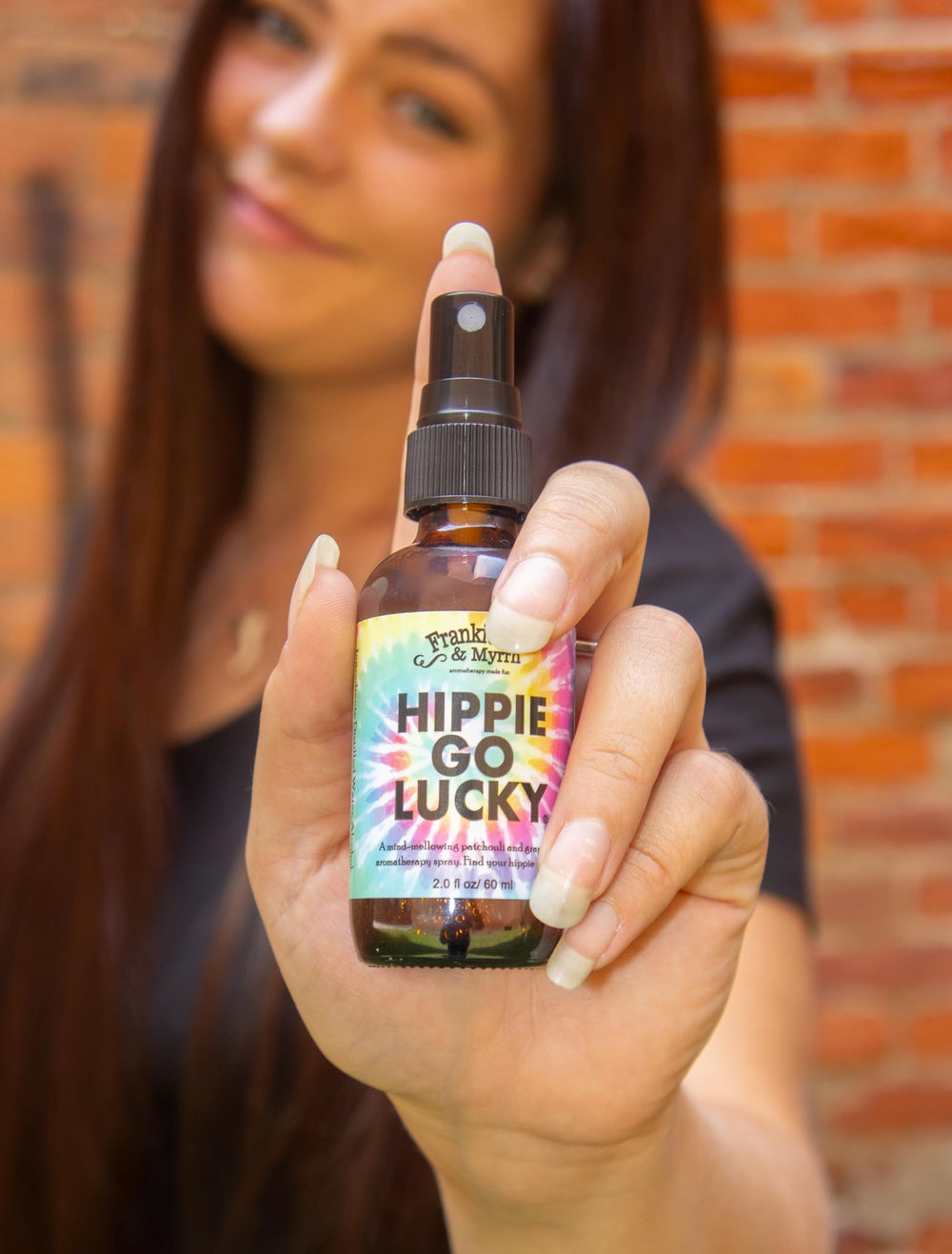Frankie & Myrrh Hippie Go Lucky close-up on earthy patchouli notes.
