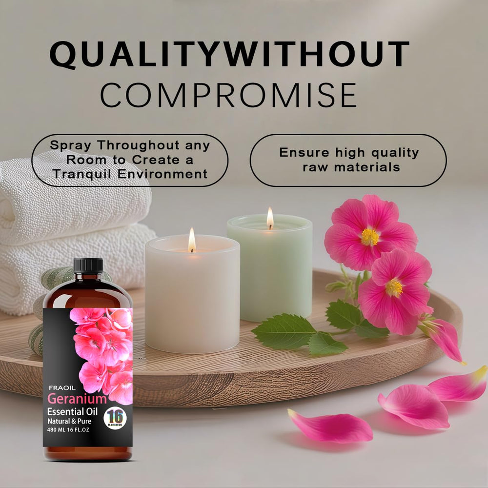 FRAOIL Geranium essential oil used in a diffuser for calming ambience.