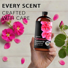 FRAOIL Geranium essential oil bottle with dropper cap for controlled pours.
