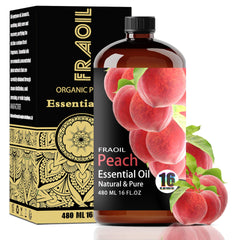 FRAOIL Peach essential oil bottle in amber glass, 16 oz, ideal for diffuse aromatherapy and storage.