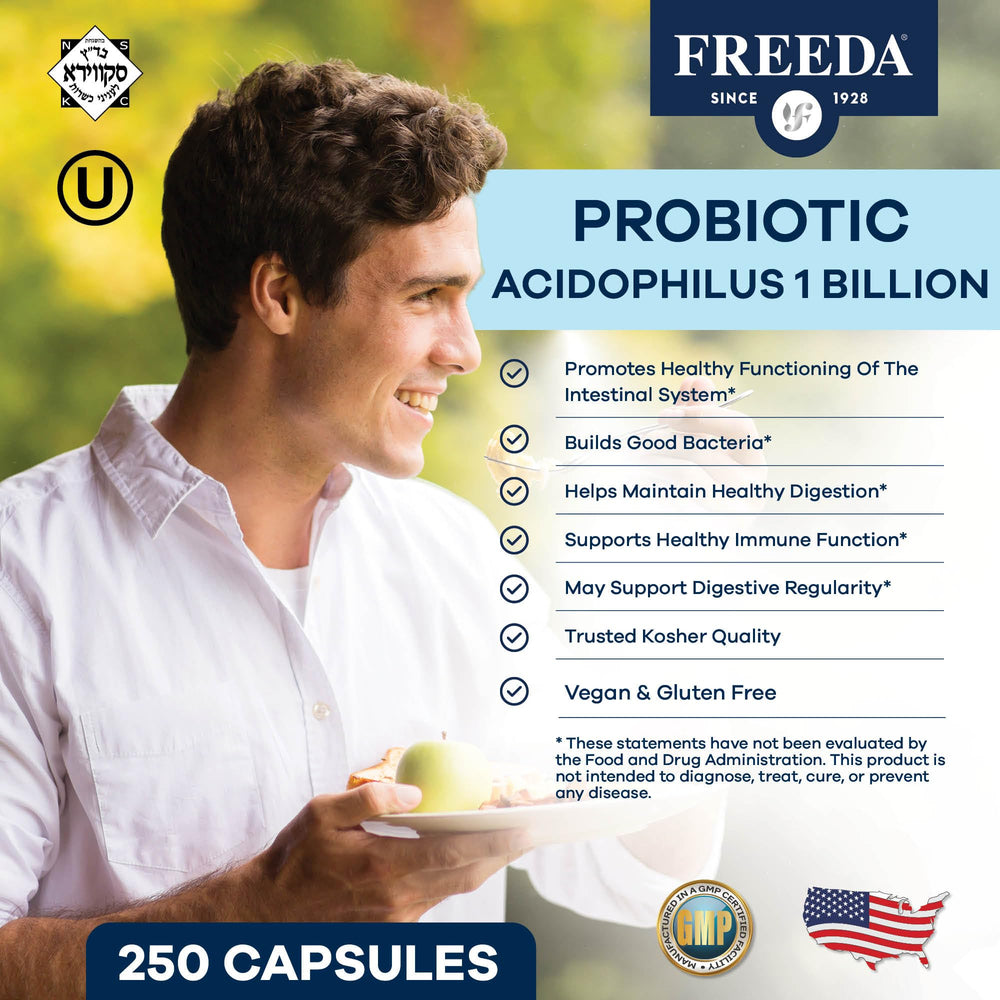 Close-up of FREEDA probiotic capsules highlighting 1B CFU for digestion