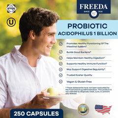 Close-up of FREEDA probiotic capsules highlighting 1B CFU for digestion