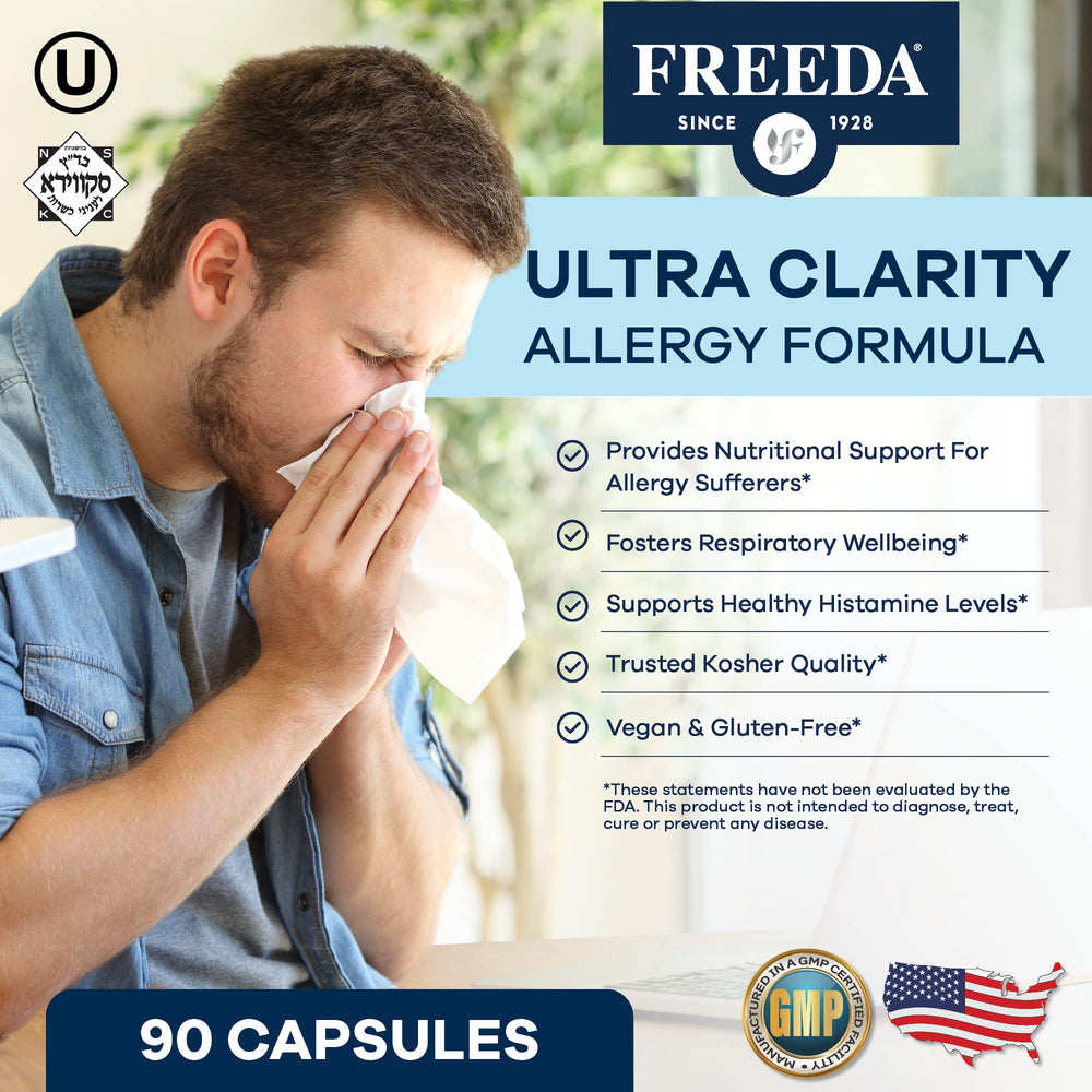 FREEDA Allergy Formula bottle dosing shows easy capsule intake for daily relief