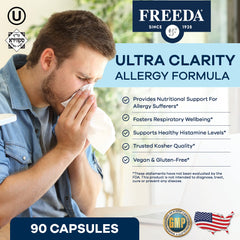 FREEDA Allergy Formula bottle dosing shows easy capsule intake for daily relief