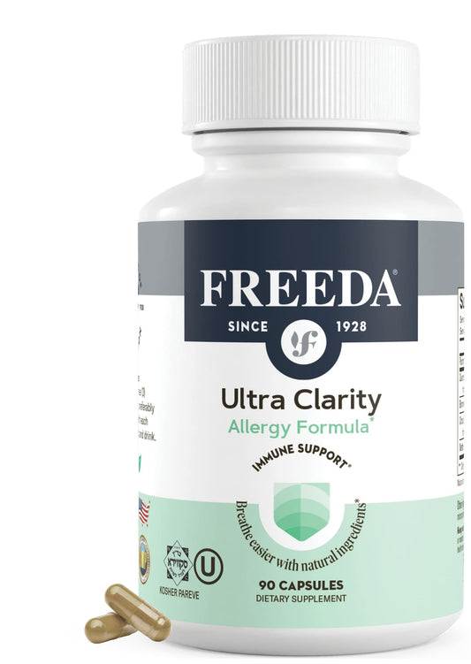 FREEDA Allergy Formula bottle front highlighting vegan, kosher packaging for seasonal support