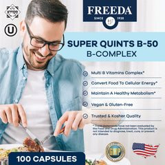 FREEDA B-Complex Capsules bottle label close-up showing vegan formula