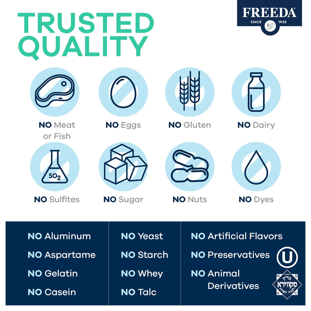 FREEDA B-Complex Capsules ingredients list highlighting B vitamins and folate