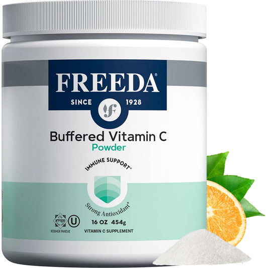 FREEDA Buffered Vitamin C Powder bottle front, premium branding and packaging