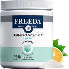 FREEDA Buffered Vitamin C Powder bottle front, premium branding and packaging