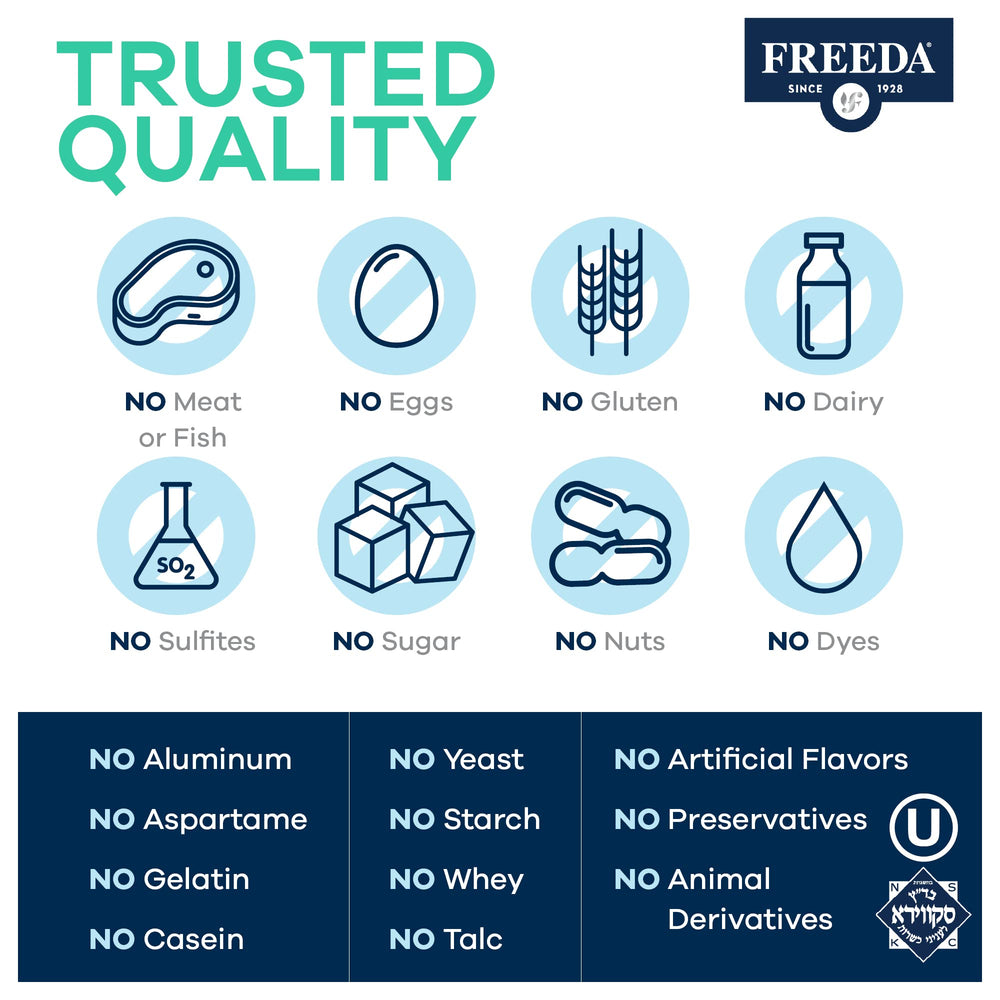 Freeda Calcium Gluconate kosher certification icon on packaging
