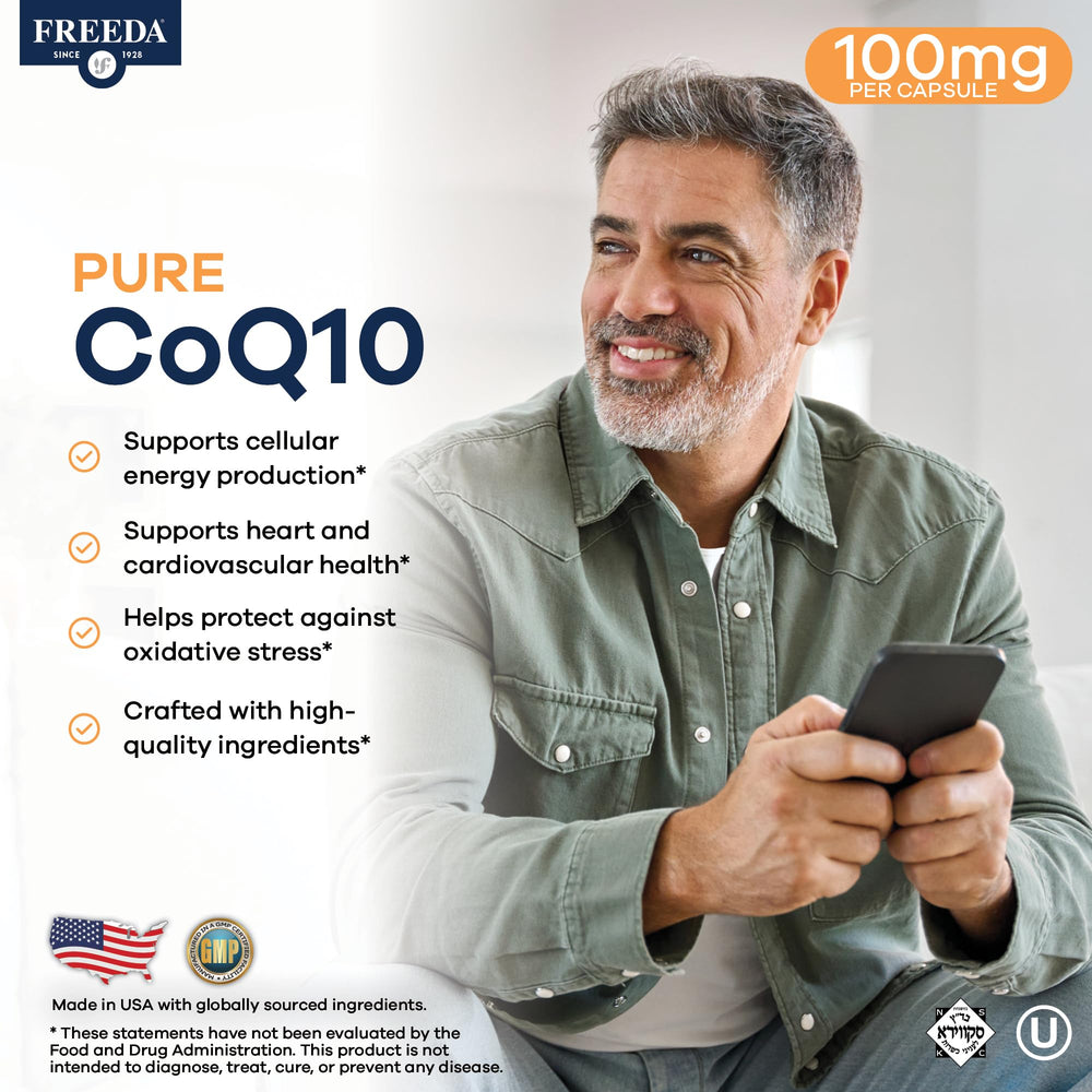 Close-up of Freeda CoQ10 100mg capsules, vegan and kosher-friendly.