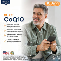 Close-up of Freeda CoQ10 100mg capsules, vegan and kosher-friendly.