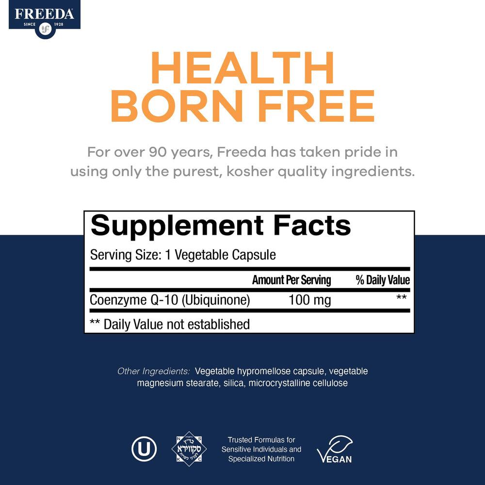 Infographic-style image illustrating Freeda CoQ10 100mg heart health potential.
