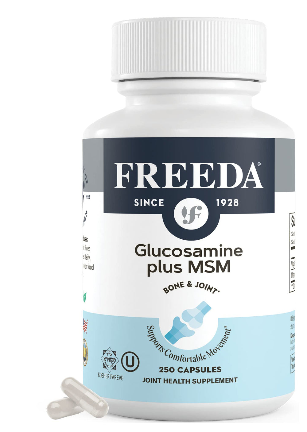 FREEDA Glucosamine MSM bottle label shows vegan, shellfish-free formula for joints