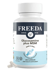 FREEDA Glucosamine MSM bottle label shows vegan, shellfish-free formula for joints