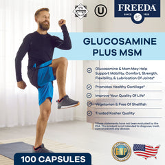 FREEDA Glucosamine MSM bottle label highlighting vegan, shellfish-free formula.