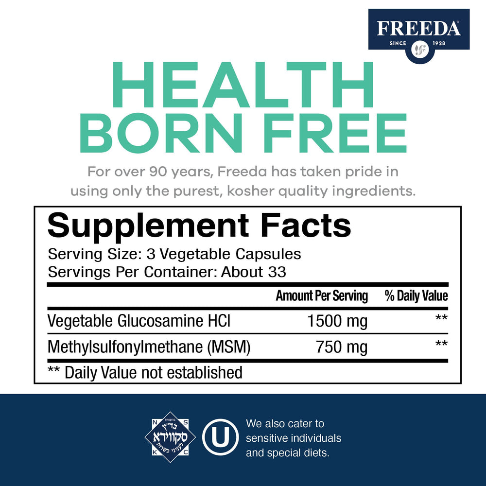 Freeda Glucosamine MSM ingredients panel indicates clean, kosher-quality components