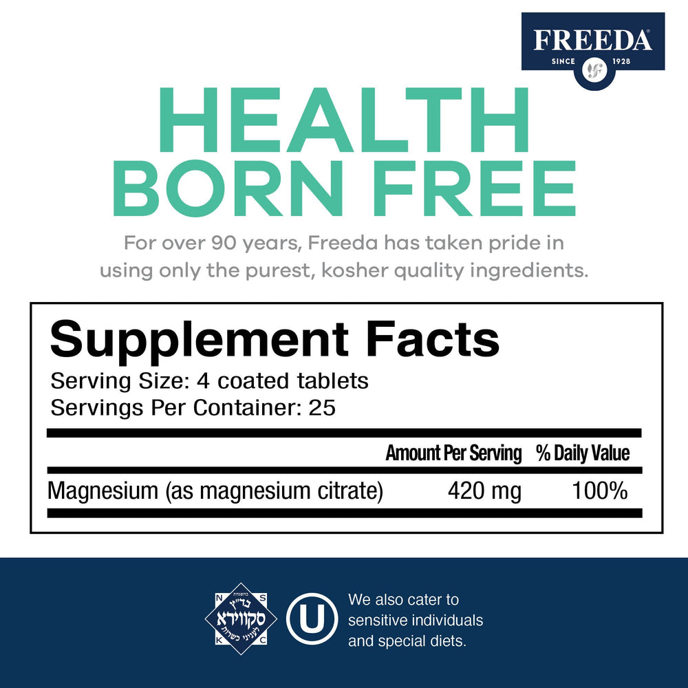 Freeda magnesium citrate bottle on a clean kitchen counter for daily use.