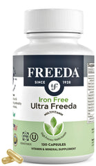 Freeda Maximum Strength bottle front for iron-free daily support for active adults